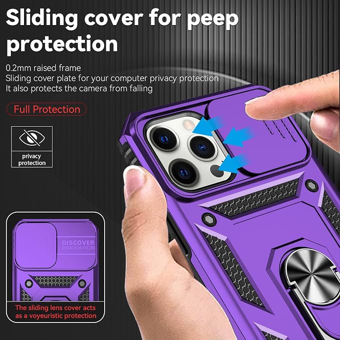 HNHYGETE for iPhone 12 Pro Max Case with Screen Protector: [Military Grade 20ft. Drop Tested] Slide Camera Cover Ring Shockproof Protective Phone Case for - iPhone 12 Pro Max (Purple) - Image 4