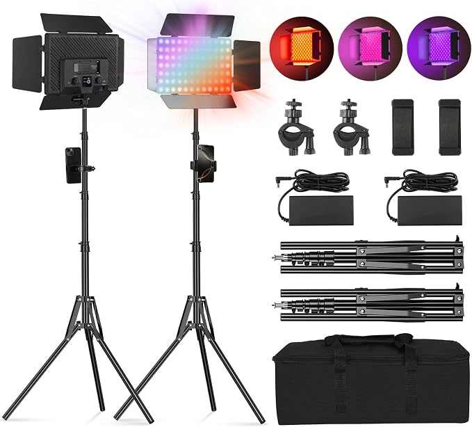 2Pack RGB LED Video Light Kit 12.6in with Barn Door RGB Photography Light | 20W/2500~8500K/14 Effect/2000lux@0.5m LED Panel Light Kit with Light Stand for Gaming Streaming Zoom YouTube Photography - Image 9