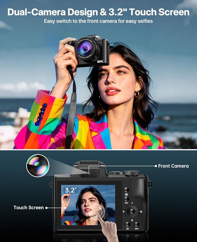 8K Digital Cameras for Photography, 2026 Autofocus 88MP WiFi Professional Photography Camera with Dual-Lens for YouTube, 16X Digital Zoom, TF Card, Lens Hood, Touch Screen,2 Batteries & Charging Stand - Image 4