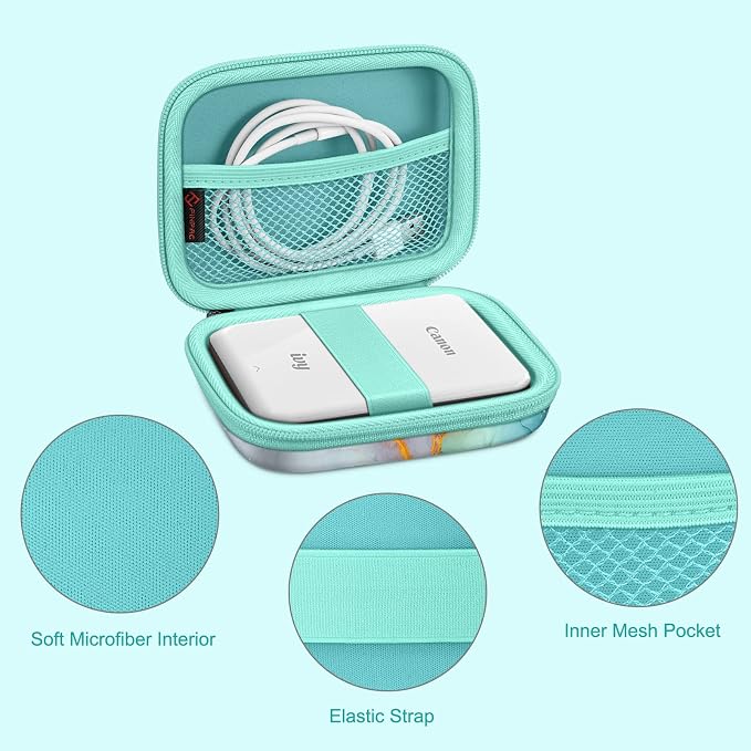FINTIE Protective Case for Canon Ivy 2 Mini, CLIQ2 & CLIQ+2 Photo Printer | Shockproof Hard Shell Carrying Case, With Wrist Strap, Pocket Camera Storage, Charger Cable Organizer, Emerald Marble - Image 4