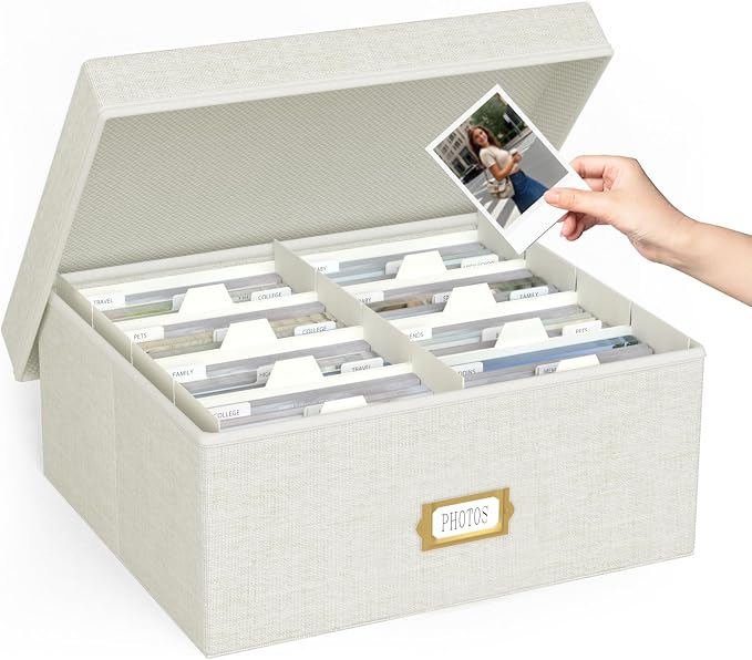 Decorative Photo Storage Box, Linen Photo Box Holds 1700 4x6 Pictures Beige | Photo Storage Containers with 8 Dividers, Memory Keepsake Organizer for Photos, Scrapbook Supplies, Cards, Stamps,Archive Box by JOLENSOY