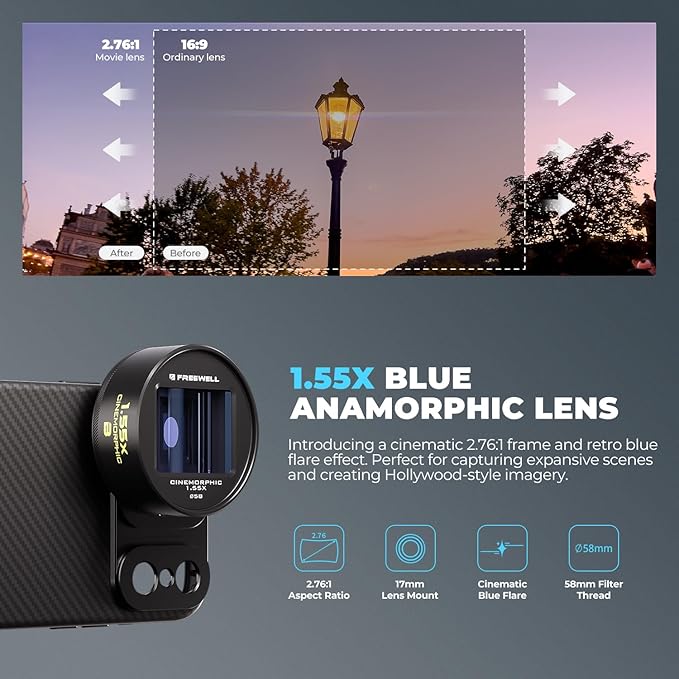 Freewell 1.55x Blue Anamorphic Lens for 17mm Mount iPhone & Samsung | Cinematic Smartphone Lens with Ultra-Wide View, Sci-Fi Blue Flare, and Enhanced Video Quality - Image 2