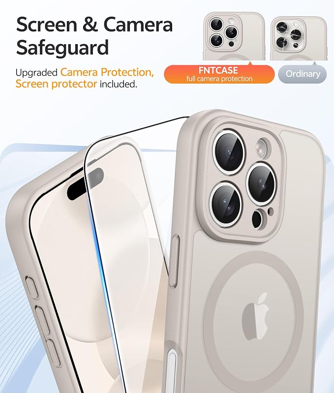 FNTCASE for iPhone 16 Pro Max Case, Fit for Magsafe, Glass Screen Protector | Full Camera Protection, Translucent Matte, 14FT Military Grade Drop Proof, Shockproof Protective Phone Cover, Off White - Image 4