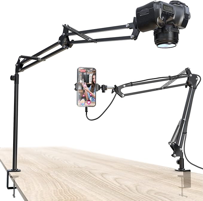 Overhead Camera Mount, Desk Camera Mount with Articulating Arm, 5lb Load Capacity, 360° Adjustable Stand for Phone/DSLR/Webcam, C-Clamp Tabletop Mount for Video Recording, YouTube, Live Streaming by CACENCAN