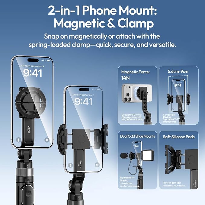 ULANZI TT86 Magnetic Tripod for iPhone 17, 35" Extendable Selfie Stick w Remote, 2-in-1 Phone Clip&Dual Cold Shoe Mounts-Lightweight Overhead Phone Tripod Stand for Vlogging, Travel, Video Recording - Image 2