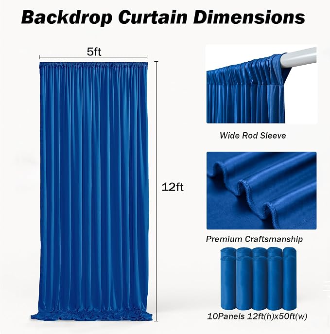 50x12 ft Royal Blue Backdrop Curtains for Weddings, Birthdays and Photos | 10 Panels 5x12 ft, Wrinkle-Free Polyester Drapes, Washable, Ironable, 4 in Rod Pocket for Baby Showers Photography Background - Image 7