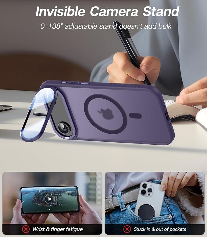 VOFATA [Upgraded Full Camera Protection] for iPhone Air Case with Camera Cover Stand [Fit for MagSafe][10FT Mil-Grade Protection] Translucent Magnetic Phone Cover for iPhone 17 Air Case, Purple - Image 3