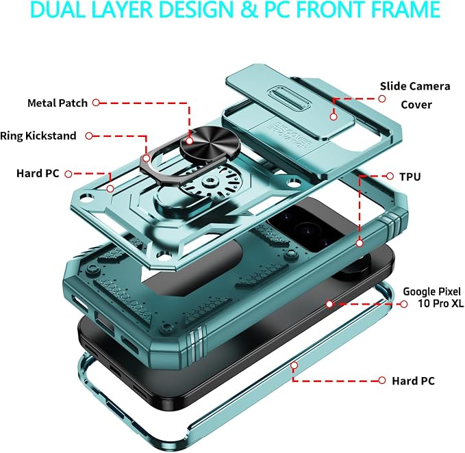 Case for Google Pixel 10 Pro XL/Pixel 9 Pro XL, with 3 Pcs Tempered Glass Screen Protector Built in Ring Stand Kickstand + Camera Cover, Hard PC Soft TPU Defender Full Body Protective Case - Green - Image 6