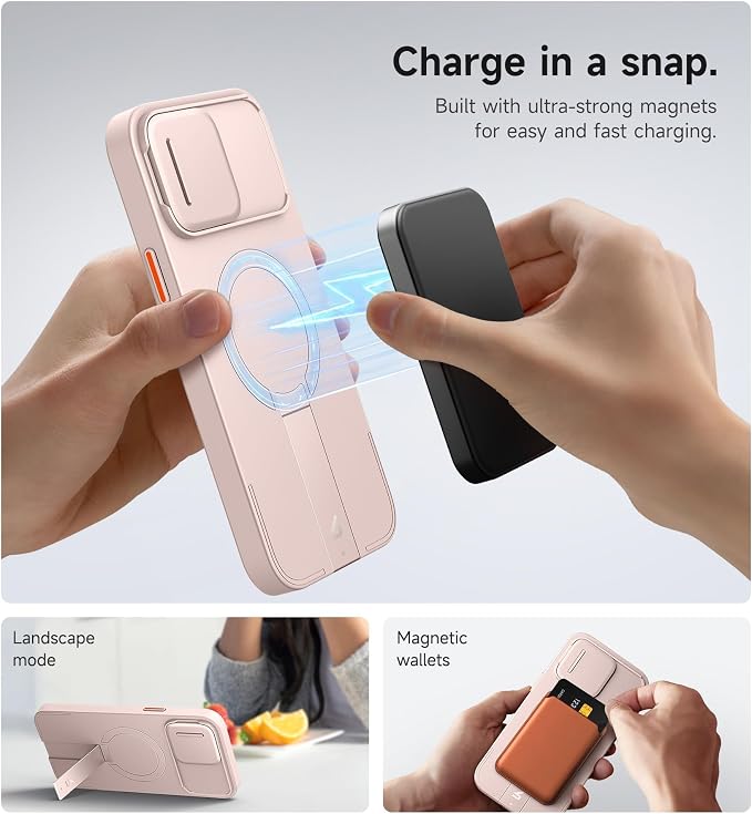 SURITCH for iPhone 13 Pro Max/12 Pro Max Case with Magnetic Camera Slide Cover and Adjustable Kickstand, Compatible with MagSafe, Shockproof Bumper Case Slim Protective Cover 6.7 Inch, Pink - Image 3