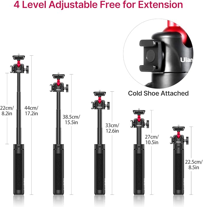 ULANZI MT-16 Extendable Mini Camera Tripod, 4 Levels Adjustment 360° Ball Head Cold Shoe Lightweight Portable Vlog Travel Selfie Stick Handle Grip Desktop Webcam Tripod for DSLR Action Camera - Image 4