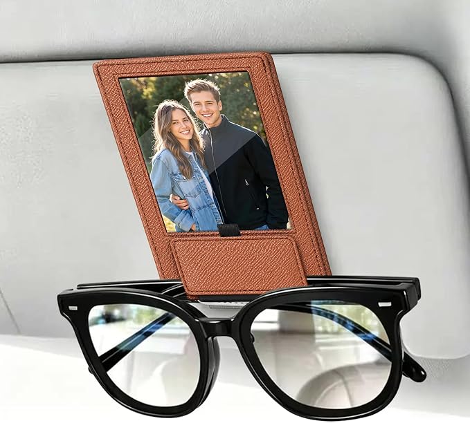 2-in-1 Car Visor Sunglasses & Photo Holder, Magnetic PU Leather Glasses Clip with Picture Display Slot, Universal Sun Visor Organizer for Eyeglasses, Personalized Cards & Memories, Brown Tan by Unknown