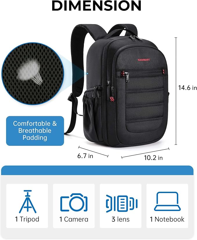 BAGSMART Camera Bag for DSLR, Waterproof Camera Backpacks for Photographers, Camera Case with Laptop Compartment-14 Black - Image 5