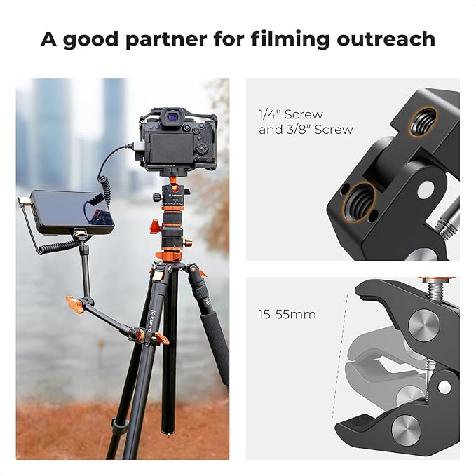 K&F CONCEPT 11" Magic Arm Clamp with Clamp ARRI 1/4" & 3/8" Thread Screw | 360° Ball Heads Arm with Clamp Mount for Monitor, LED Light, Webcam, Action Camera, MS33 - Image 5