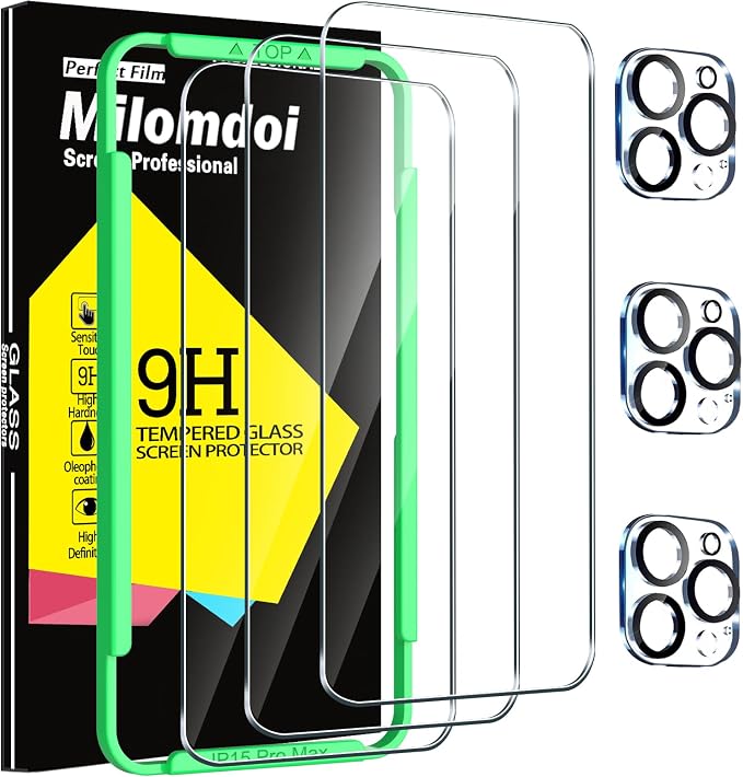 Milomdoi Screen Protector for iPhone 15 Pro Max,Tempered Glass | 3+3 Pack, 9H+ Hardness, Camera Lens Protector, Military Grade Shatterproof, Easy Installation, No Bubbles, Case Friendly by Milomdoi