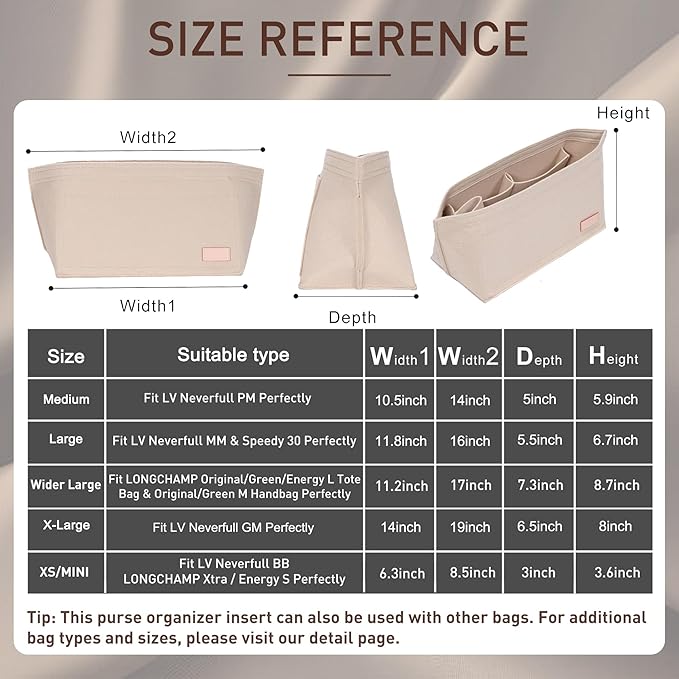 Doxo Purse Organizer Insert for Handbags & Base Shaper 2pc Set, Felt Neverfull MM Organizer Insert, Tote Bag Organizer with Zipper Pocket and Bottle Holder, Fit Speedy 30 Neverfull MM and More,Beige-L - Image 2