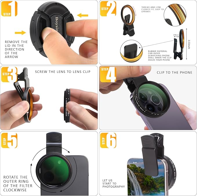 52MM Clip-on Variable ND2-32(1-5 Stops) Phone Lens Filter Kit, Ultra Slim Multi-Coated Adjustable Neutral Density Filter, Compatible for iPhone 16 15 14 13, Google Pixel and Other Smart Phones - Image 6