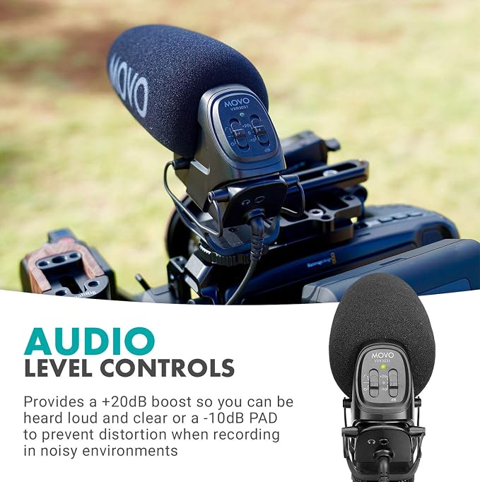 Movo VXR3031 Shotgun Microphone - Supercardioid On-Camera Shotgun Mic with 2-Step High-Pass Filter, 3-Stage Audio Level Control, Headphone Monitoring Input + More - Image 6