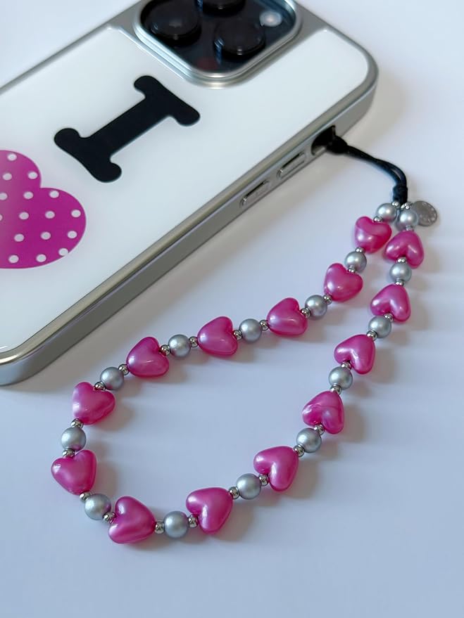 Drawwind Phone Charm Beaded Wristlet Strap Universal Cell Phone Lanyard Cute Bracelet Wrist Strap Beaded Chain String Handmade Accessories for Case Camera Bags (Hot Pink Hearts) - Image 2