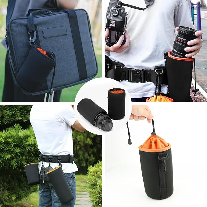 4Pcs Camera Lens Case Bag,4 Size Orange Water Resistant Protective Lens Pouch Set With Adjustable Drawstring Rotating Clamp,Replacement Compatible Thick Protective Neoprene for Canon,Nikon,Sony,Pentax - Image 7