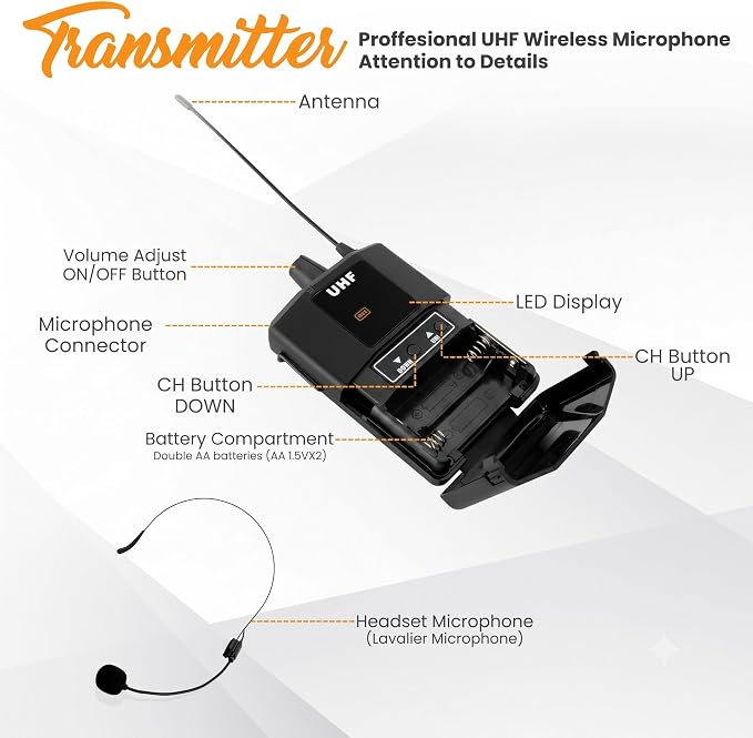 UHF Wireless Microphone System Kit - Portable Professional Cordless Microphone Set Wireless Mic Kit w/Headset Mic, Lavalier Mic, Beltpack Transmitter, Receiver - Karaoke & Conference - Pyle PDWMU112 - Image 5