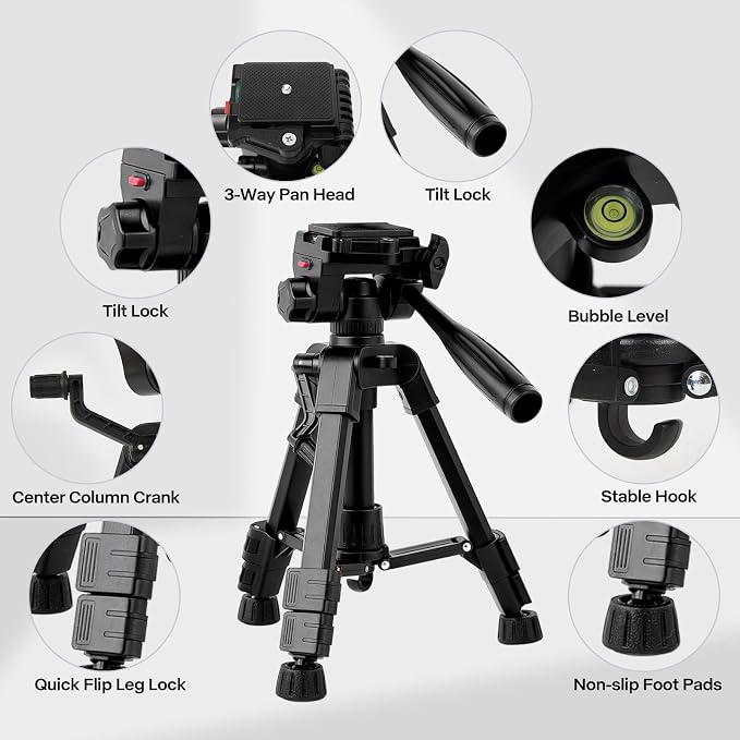 Mini Tripod for Camera,Camera Tripod Small,Small Tripod for Camera | 25" Aluminum Alloy Portable Tabletop Tripod with 3-Way Pan-Tilt Head and Phone Holder for DSLR Cameras and Phones - Image 6