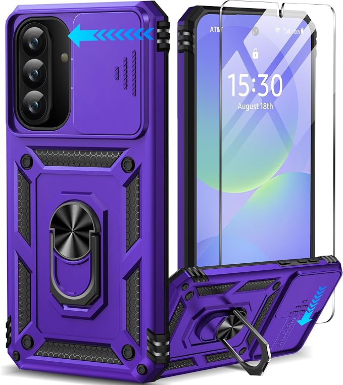 Taisairu for Samsung Galaxy A37 Case/A36 Case with Screen Protector & Slide Camera Lens Cover, Built-in Ring Stand Shockproof Protective Case for Samsung A37 5G Case/Samsung A36 5G Case (Purple) by Taisairu
