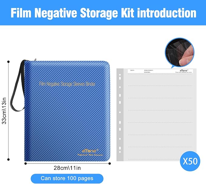 eTone Film Negative Storage Album, Black PU Leather, 50 35mm Acid-Free Sleeves, Triple Ring Binder Box, 13.18x7.08x1.96 Inch (Blue) - Image 3