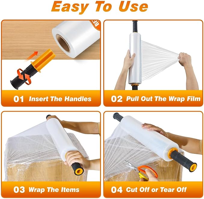 Stretch Film Shrink Wrap Flexible Moving Kit (5"+15") x 1000 Ft for Moving Supplies, Heavy Duty Plastic Wrap Stretch Roll for Moving Boxes Toys Books Pallet Wrapping Furniture with Handles, Clear - Image 7