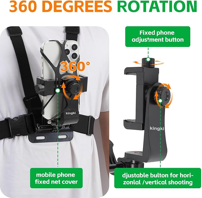 KINGKI Mobile Phone Chest Strap Harness Mount Head Strap Holder Kit for POV/VLOG,Cell Phone Clip Compatible with iPhone,Samsung,GoPro Hero 12, 11,10, 9, 8, AKASO,DJI Osmo,and Action Cameras… - Image 4