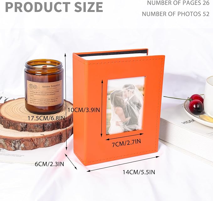 RECUTMS Small Photo Album 4x6 52 Pockets Leather Album for Family Orange | White Pages, Hold 52 Vertical Photos, Mini Albums for Baby Vacation, Travel Wedding Pictures Book with Front Window, Portable - Image 2
