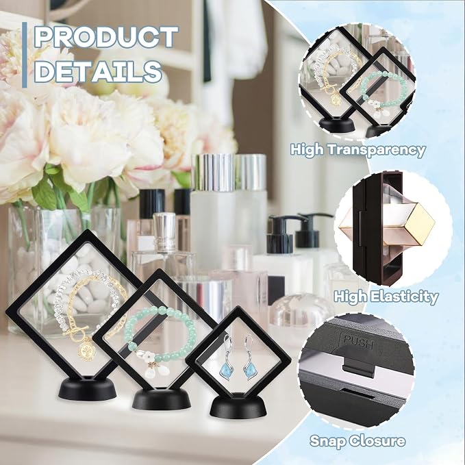 12Pcs 3D Floating Display Case Jewelry Storage Box, 4.3in Black | Clear Film, Plastic Frame, Challenge Coin Holder, For Shark Tooth Fossil Rock Gem Shell Butterfly Specimen - Image 3