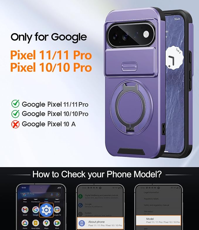JAME for Google Pixel 10/10 Pro/11/11 Pro Case, Stand & Slide Camera Cover | Ring Holder Kickstand, Screen Protectors, Dual-Layer Shockproof Protective, Magnetic Accessory Friendly Phone Case, Purple - Image 2