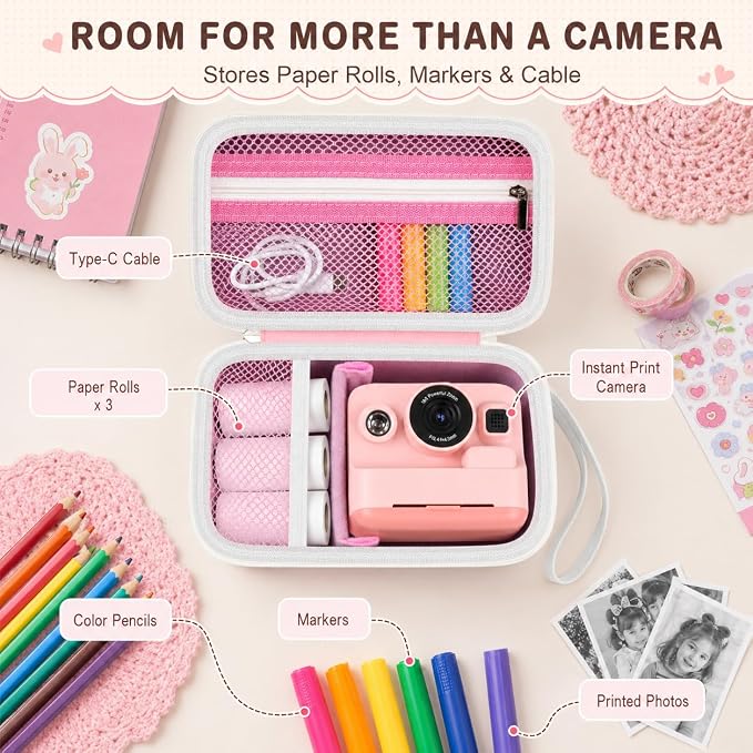 Kids Instant Print Camera Case for DYLANTO for ESOXOFFORE Cameras | Portable Digital Camera Case Organizer for ETIKEZ for YTETCN for DUDUDRAGON with Pocket for Accessories (Box Only)-Pink - Image 4