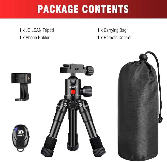 JOILCAN Aluminum Mini Tripod, 21" Desktop Tripod with 360° Ball Head | Portable Travel Tripods for DSLR Camera Phone, Load up to 13lb, Phone Holder and Remote Included - Image 8