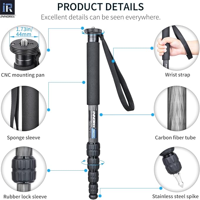 Carbon Fiber Camera Monopod INNOREL RM255C Professional Portable Compact Lightweight Travel 5-Section Monopod for Canon Nikon Sony DSLR Camera Video Camcorder DV Photography Bracket Load 15lbs/7kg - Image 4