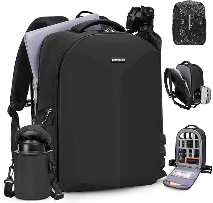 RAINSMORE Camera Backpack Hard Shell for DSLR/SLR Waterproof Camera Bag with Laptop Compartment 15.6 Inch Professional Camera Case with Rain Cover Photography Backpack Bag with Camera Lens Case Black by RAINSMORE