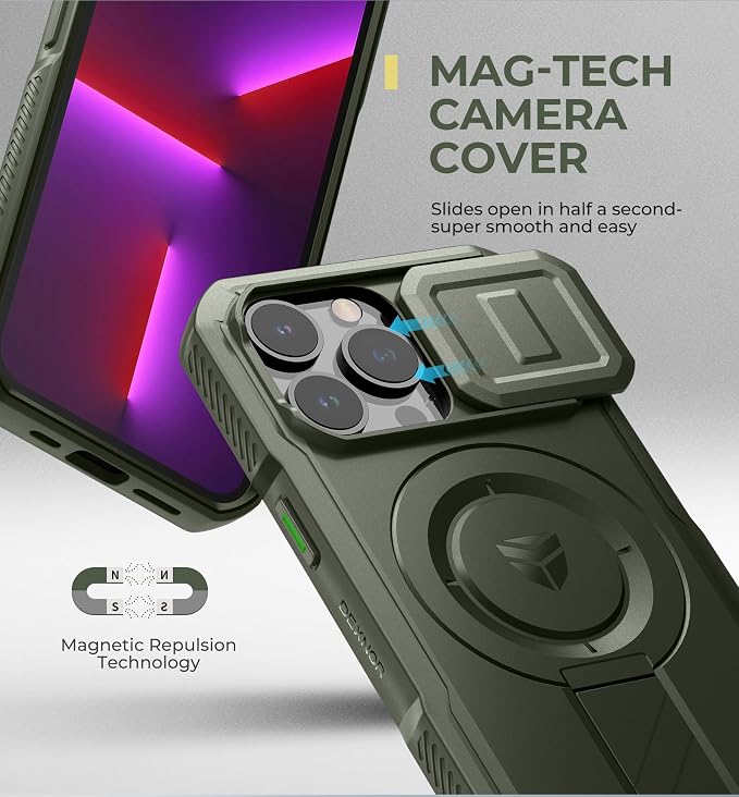 Dexnor for iPhone 13 Pro Case with Slide Camera Cover & Adjustable Kickstand, Compatible with MagSafe, Rugged Shockproof Bumper Cases Heavy-Duty Magnetic Protective Cover,6.1 inch,Army Green - Image 4