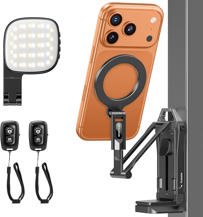 OMOTON TP02-Pro-CK Magnetic Phone Holder Kit with Fill Light & 2 Remotes | Arca-type Base with a 1/4" Screw Hole, 3 Color Temperatures ,10-level adjustable brightness, USB-C Charging, for iPhone 12-17 by OMOTON