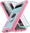 for Google Pixel 6 Pro Case with Slide Camera Cover & Screen Protector (2 PCS), Pixel 6 Pro Case Build in 360° Rotating Ring Kickstand, Military Grade Protective Case for Google 6 Pro Case, Green+Pink by Gritup