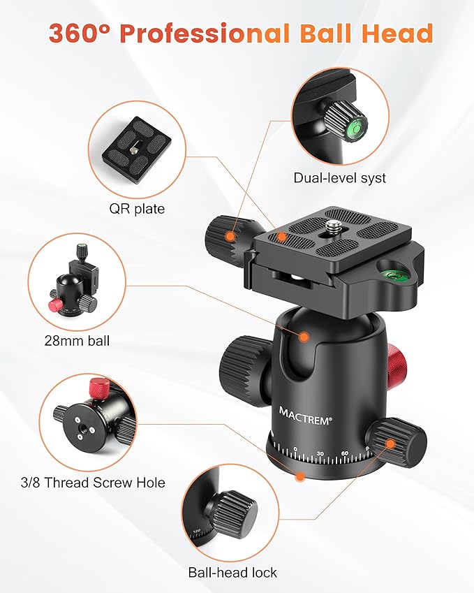 MACTREM 90in 2-in-1 Camera Tripod Monopod Aluminum Heavy Duty Travel Tripod | 360° Ball Head for Macro Photography, Max Load 33lb, Portable for DSLR & Phone, Includes Carry Bag for Travel & Vlogging - Image 6