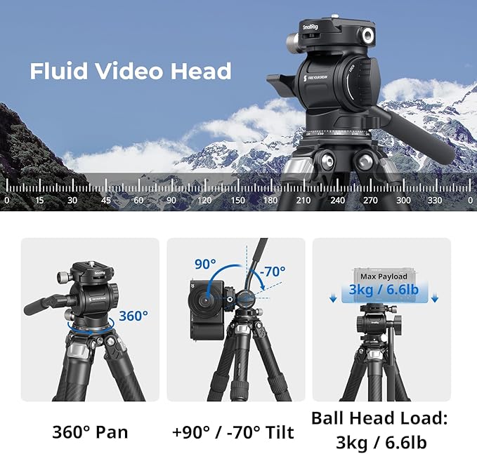 SmallRig Carbon Fiber Tabletop Tripod Kit - 5025 | 17" Mini Desktop Tripod with Fluid Video Head, Built-in QR Plate for Arca, Holds Up to 3kg/6.6lb, Compact for Travel - Image 5