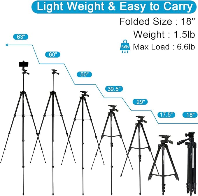 Endurax 63" Tripod for Camera & Phone, 6.6 lbs Load Capacity, Black | Adjustable Pan Head, Quick Flip-Lock Setup & Non-Slip Feet; Foldable Aluminum for Travel (No Quick Release Plate) - Image 3