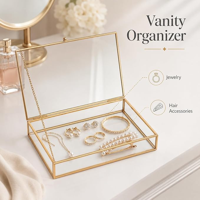Feyarl Gold Glass Photo Cards Display Box Jewelry Trinket Ring Earring Post Cards Decorative Keepsake Box for Wedding Home Deco Dresser Coffee Table (8.66 x 5.9 x 1.96inch) - Image 7