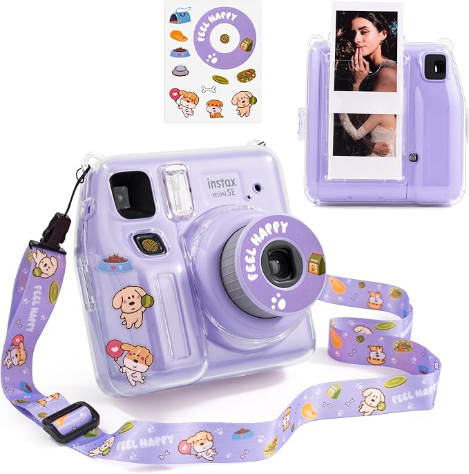 Fuji Mini SE Clear Case, Hard PC Protective Case for Instax Mini SE Instant Camera with Cute Cartoon Sticker & Adjustable Shoulder Strap - Purple Happy Dog by HIYQIN