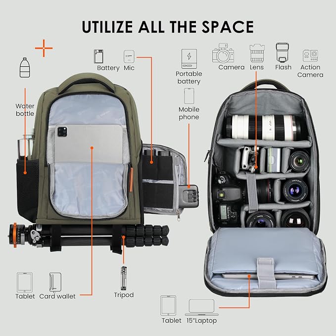 TARION Camera Backpack for Photographers Compact 15L, TB04 Green | 15 Inch Laptop Compartment, Side Access Quick Draw, Anti-theft Hidden Pocket, Tripod Holder, Rain Cover, Travel-Friendly - Image 2