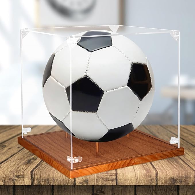 Clear Acrylic Soccer Display Case with Wood Base & Tee, Memorabilia Stand Cube Holder, Dust Protection Transparent Storage Box for Single Ball Souvenir Soccer Ball Collections - Image 3