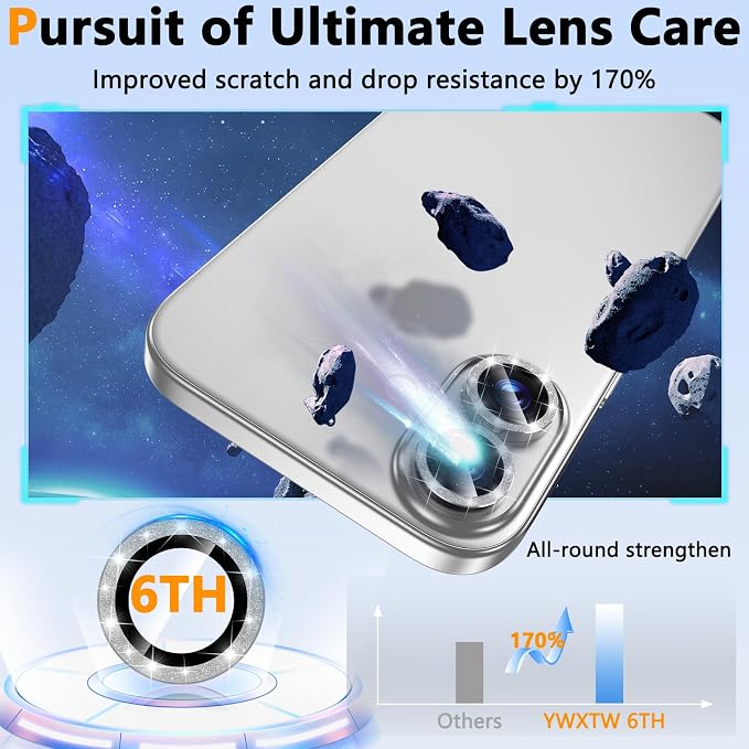 YWXTW for iPhone 16 Plus/iPhone 16 Camera Lens Protector, Individual Anti Scratch Metal Ring Tempered Glass Camera Screen Protector for iPhone 16 Accessories, Case Friendly (Silver Glitter) - Image 3