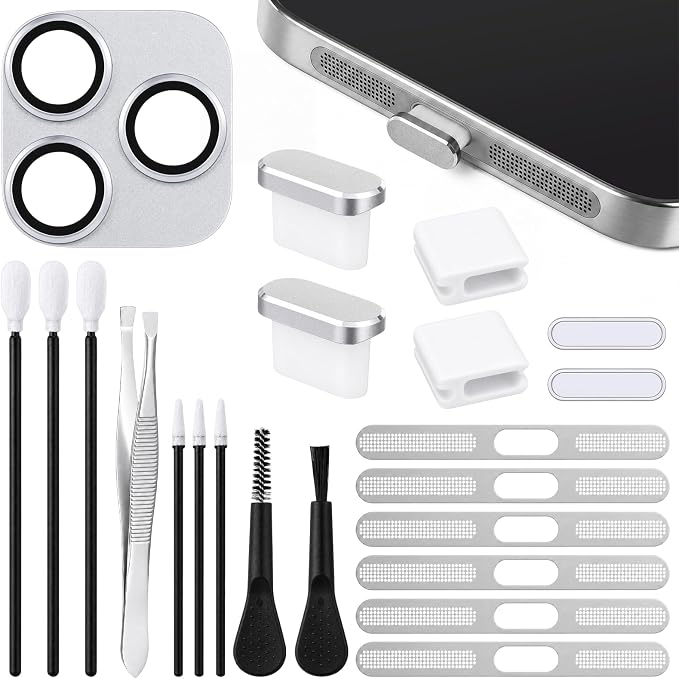 Tellegloww 22 Pcs Phone Cleaning and Protection Kit compatible with 17 Pro/17 Pro Max, Speaker Dust Mesh, Type C Port Cover, Camera Lens Protector, Camera Button Cover, Brushes and Tools Set (Sliver) by Tellegloww