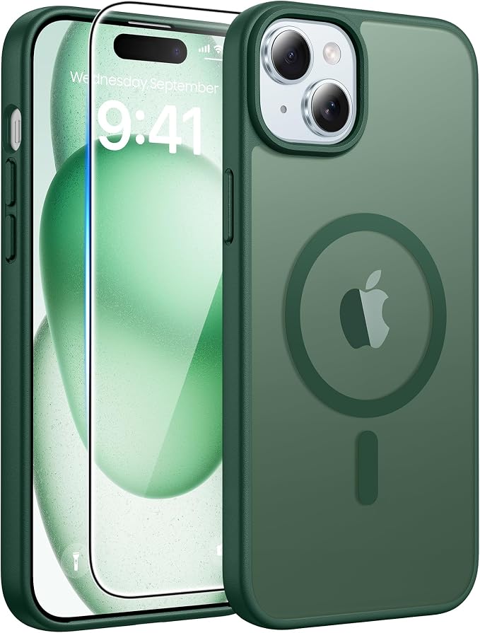 FNTCASE for iPhone 15/14/13 Case, Fit for Magsafe, Glass Screen Protector | Translucent Matte, Magnetic Phone Cases, 14FT Military Grade Drop Protection, Slim Shockproof Protective Cover, Green - Image 2