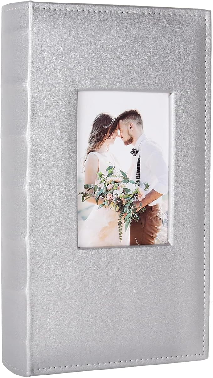 RECUTMS Photo Albums 4x6 300 Photos PU Leather Album for Wedding Silver | Black Pages, Horizontal Pockets, Small Album for Family, Christmas Graduation Picture Book, DIY Cover Window, Slip in Picture by RECUTMS
